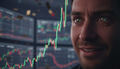Man watching rising stock charts reflected in his eyes symbolizing emotion driven trading success and volatility in the modern digital financial markets