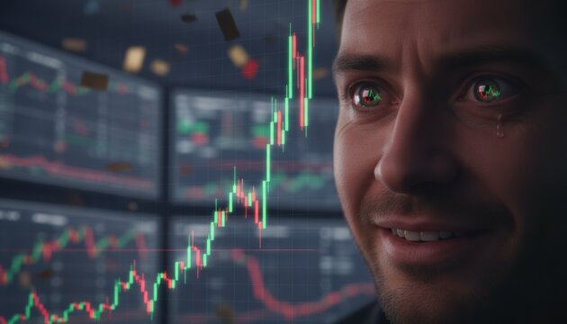Man watching rising stock charts reflected in his eyes symbolizing emotion driven trading success and volatility in the modern digital financial markets - Powered by Adobe