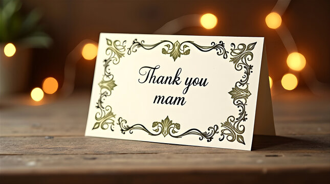 Thank you mam art deco card on wooden table with bokeh lights