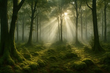 Obraz premium Enchanted forest at dawn with misty light beams filtering through tall evergreens