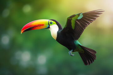 Fototapeta premium Vibrant Keel-billed Toucan with its Iconic Colorful Beak in Flight Against a Soft, Bokeh Tropical Green Background. Excellent for wildlife conservation, travel, exotic brand mascots
