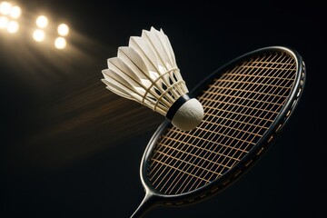 Fast badminton smash with shuttlecock frozen mid flight and dynamic racket motion