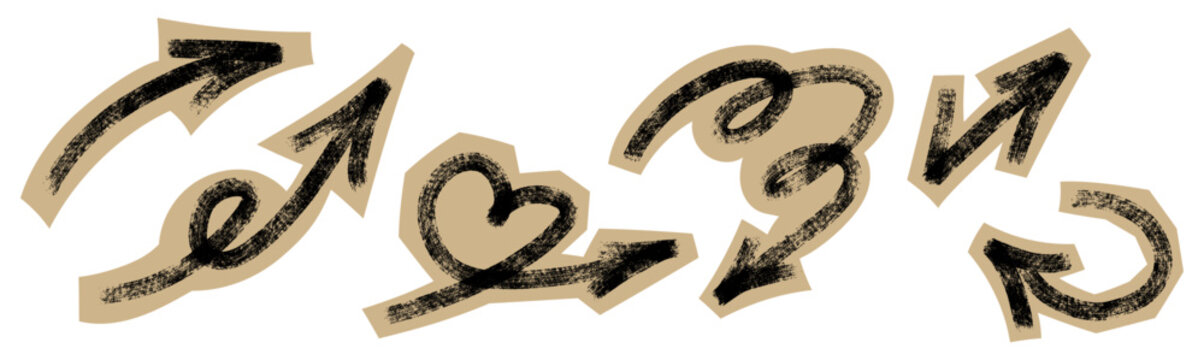 Set of grunge brush stroke scrapbook arrows in cutout collage style. Hand drawn black crayon and chalk texture on beige paper background. Vintage craft zine aesthetic. Vector illustration isolated