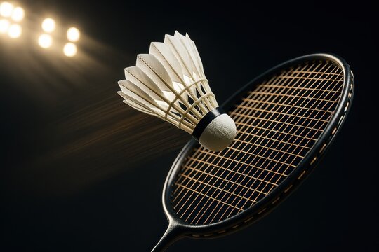 Fast badminton smash with shuttlecock frozen mid flight and dynamic racket motion