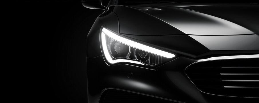 Modern Luxury Sports Car Headlight with Glowing LED Daytime Running Lights on a Pure Black Background. Great for automotive advertising, technology, or high-end branding.