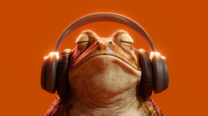 Frog Wearing Oversized Headphones and Vining with Eyes Closed on a Bright Orange Background. Concept for meditation, music streaming, sound quality, audio technology, or relaxation.