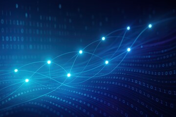 Obraz premium Flowing data network with luminous nodes binary streams and abstract AI waves background