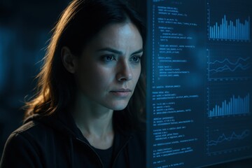 Focused engineer at transparent screen with blue holographic code and data streams