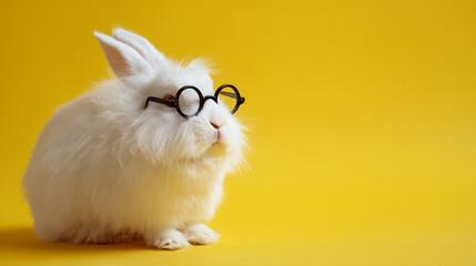 White Rabbit Wearing Black Round Oversized Professor or Intellectual Glasses Against a Bright Yellow Background. Cute education, business genius, or smart animal concept for academic tutoring services
