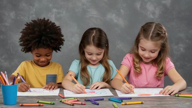 Children drawing with crayons