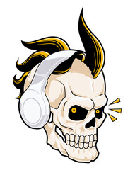 Rocker Skull with Headphone: A stylized illustration of a skull rocking out, complete with a punk-rock hairstyle and headphones, embodying the fusion of music, edge, and mortality.