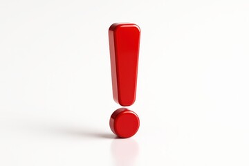 Glossy red exclamation mark 3D object on white bold punctuation icon for alerts and notices