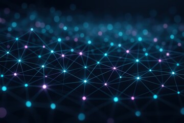 Fototapeta premium Glowing data nodes linked by neon threads forming a complex digital network mesh over dark background