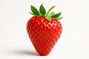 Fresh ripe strawberry with seeds and green calyx isolated on clean white high detail studio lighting