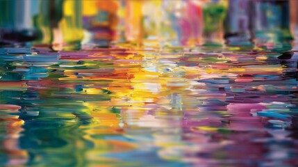 Colorful reflections on calm water create a vibrant scene in a lively urban setting during the evening hours
