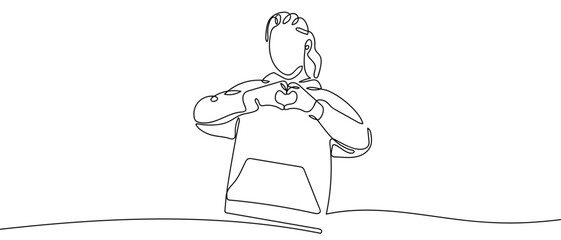 A woman makes a heart shape with her hands, one continuous line. outline isolated vector illustration Editable stroke.