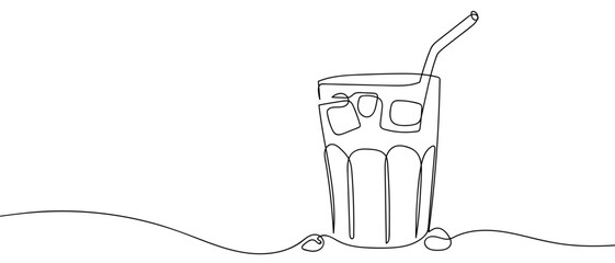 One continuous line of ice water glass outline isolated vector illustration Editable stroke.