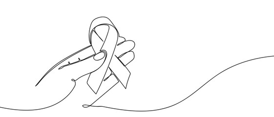 Hands holding one continuous mourning ribbon. outline isolated vector illustration Editable stroke.