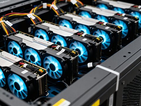 Multiple graphics processing units installed in a server chassis, illuminated by glowing blue cooling fans.