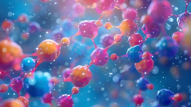 Clean scientific illustration of polymer chain made of monomers colorful molecular structure educational style visualization