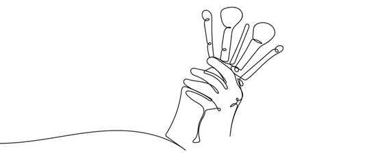 Hand holding a makeup brush, one continuous line outline isolated vector illustration Editable stroke.