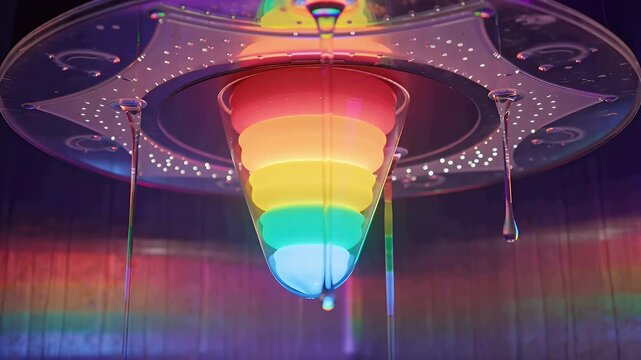 A futuristic rainbow-colored glass pendant lamp suspended from a metallic ceiling fixture above a rainbow-hued wall