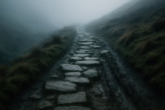 Winding mountain trail through fog and rugged stones symbol for perseverance and hope