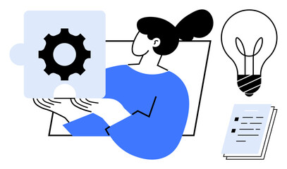 Woman holding a gear puzzle piece, symbolizing problem-solving and collaboration. Nearby objects include a glowing light bulb for innovation and a document for organization. Ideal for teamwork