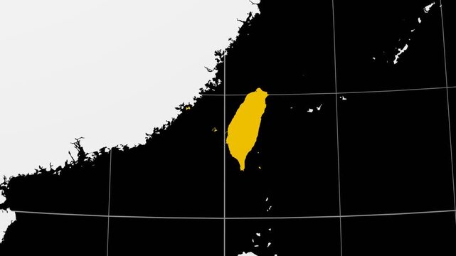 Taiwan map. Animated zoom into the country on the Globe in Black White color palette. Country logo animation. Map with meridians, parallels. Classy video.