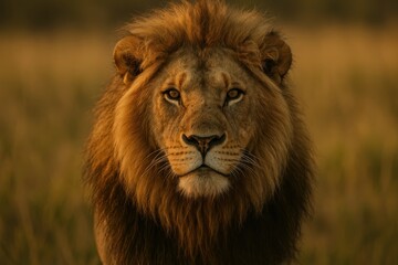 Fototapeta premium Majestic male lion resting on sunlit savanna with golden mane and piercing gaze