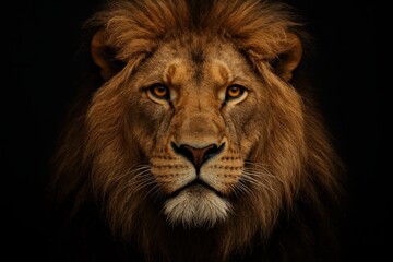 Fototapeta premium Majestic lion head close up with dramatic golden fur and piercing eyes on dark