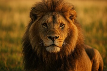 Obraz premium Majestic male lion resting on sunlit savanna with golden mane and piercing gaze