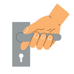 hand holding door handle; opening, closing apartment; security, safety, hygiene concept- vector illustration