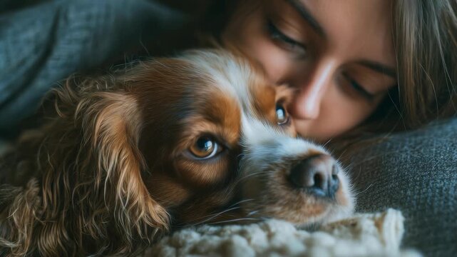 A serene scene of a woman embracing her dog, highlighting love and companionship. The image emphasizes trust, comfort, and emotional connection in a cozy setting