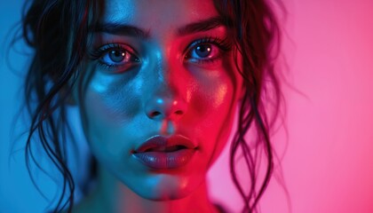 Portrait of young female face in duotone lighting. Beautiful woman with vibrant pink and blue colors on skin. Digital art style. Creative color scheme. Fashion art photo.