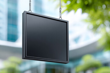 Blank digital sign hangs in urban setting with buildings and greenery. Mockup