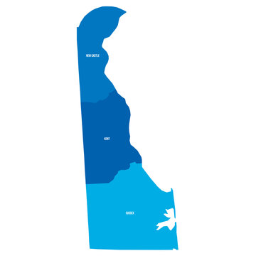 Delaware, DE - detailed political map of US state. Administrative map divided into counties. Blue map with county name labels. Vector illustration