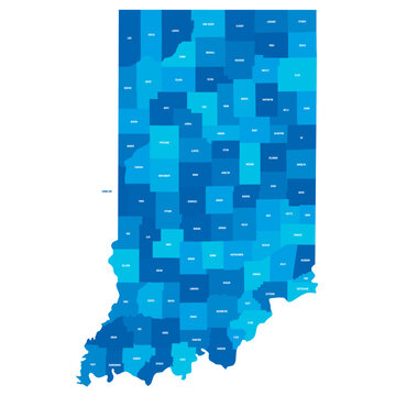 Indiana, IN - detailed political map of US state. Administrative map divided into counties. Blue map with county name labels. Vector illustration