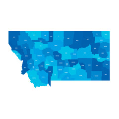 Obraz premium Montana, MT - detailed political map of US state. Administrative map divided into counties. Blue map with county name labels. Vector illustration