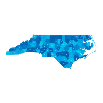 North Carolina, NC - detailed political map of US state. Administrative map divided into counties. Blue map with county name labels. Vector illustration