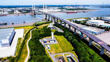 aerial view of the river thames and dartford bridge.
