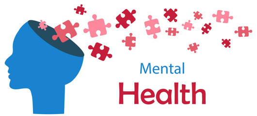 Banner. Mental health. Head and puzzles. Solving psychological problems