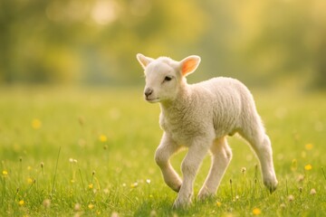 Obraz premium Playful lamb prancing through spring meadow with wildflowers under soft morning light
