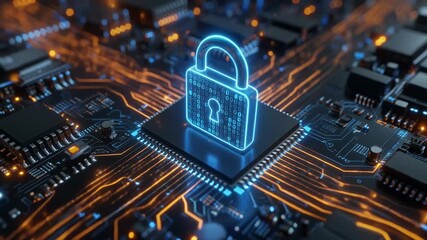 Cybersecurity technology concept padlock icon glowing on a microchip with orange electric current flowing in background technology security data protection - Powered by Adobe