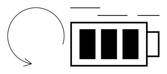 Battery with full charge level and circular arrow symbolizing recharge, energy flow, and recycling process. Ideal for sustainability, electricity, power saving, eco-awareness, efficiency, green