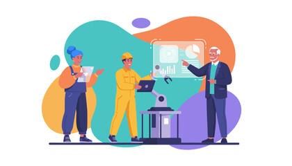 Diverse team manages robotic automation using data analysis and modern technology