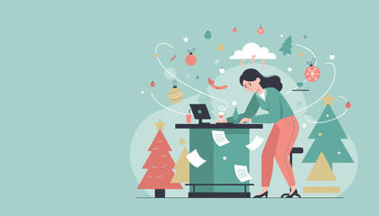 Holiday work burnout Stressed employee overwhelmed by tasks and festive chaos