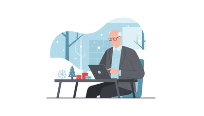 Senior man working on laptop in winter setting with holiday decorations