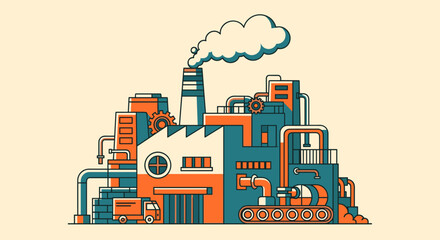 Stylized industrial factory illustration Manufacturing plant with pipes smokestacks gears and production elements