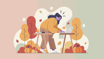Remote worker stressed by a deadline in an autumn outdoor setting